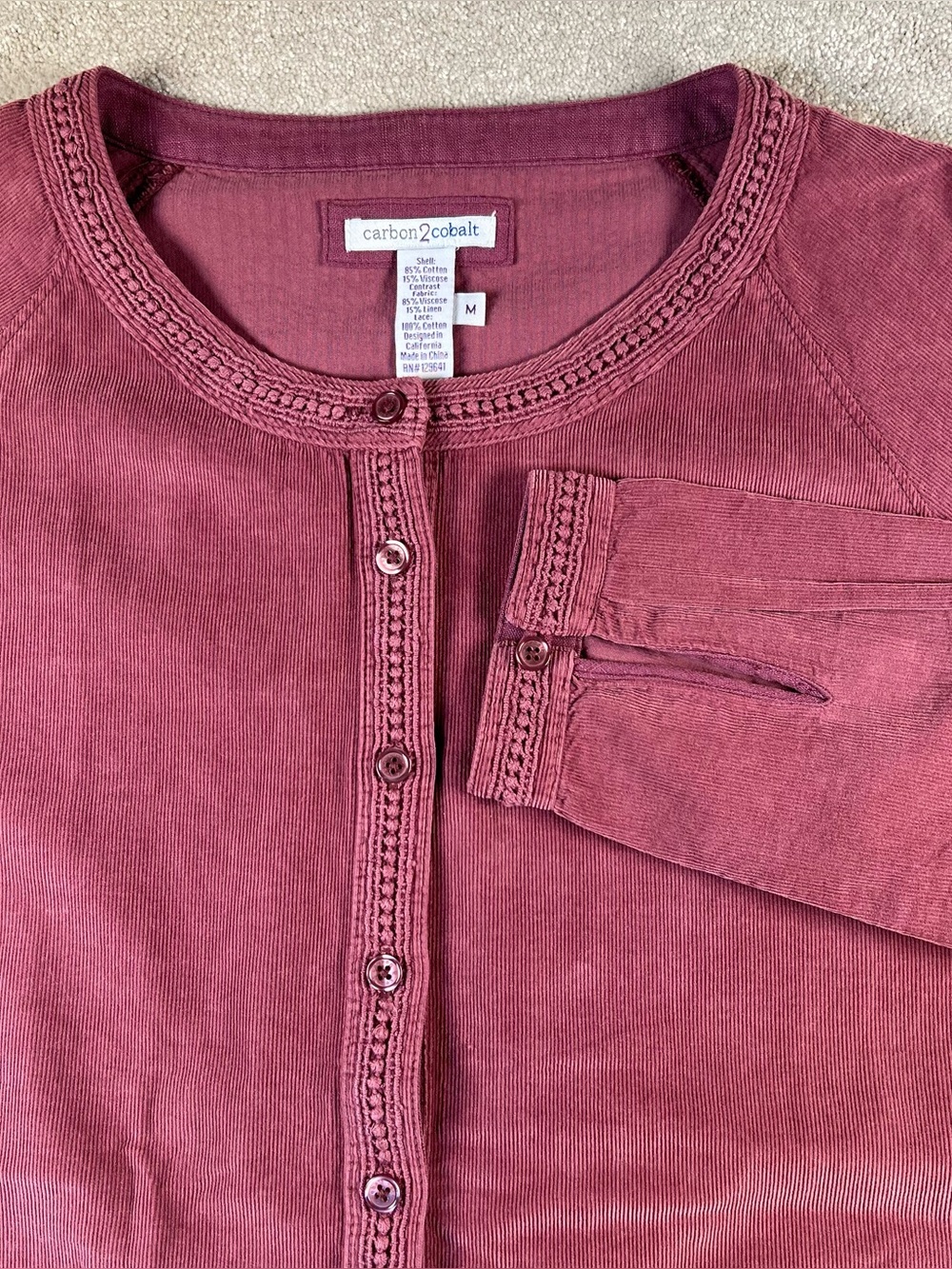 Carbon2Cobalt Shirt Button Front Crew Ribbed Soft Burgundy Women's Medium